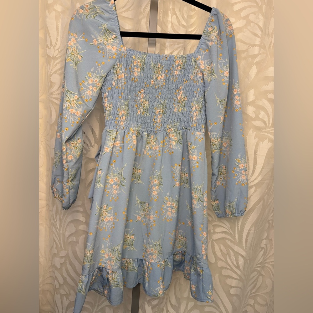 Lily Rose Light Blue Floral Padded Bra Long Sleeve Ruffle Dress - Picture 2 of 7